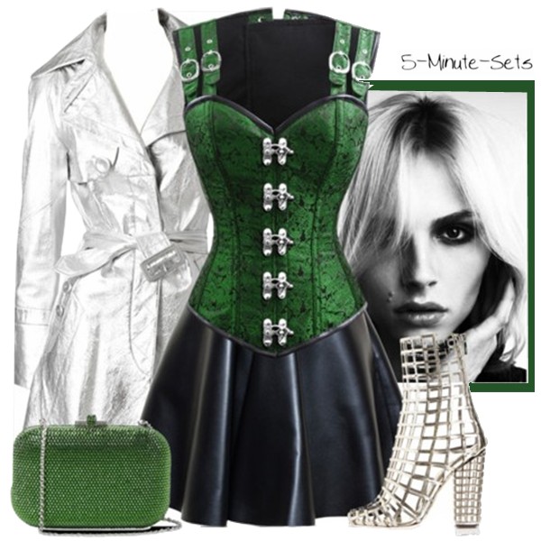 Nico Steampunk Steel Bone Corset -  hn Galliano Silver Leather Trench - Yves Saint Laurent Silver Metallic Leather Caged Ankle Boots, Spring 2009 - 