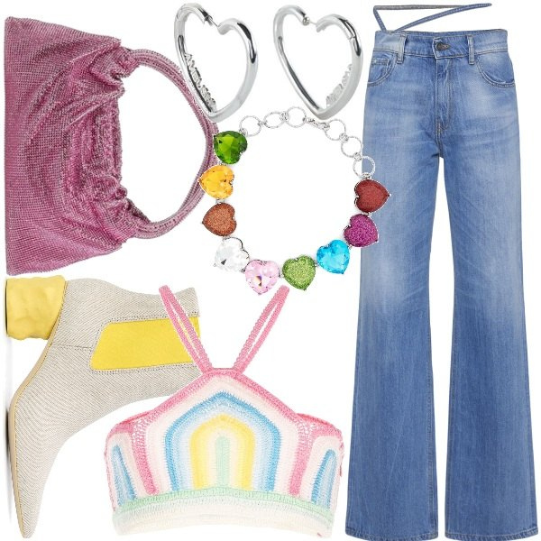 Earrings women silver gray Ambush, Necklace women silver gray with glitter brass Bimba y Lola, Top women cropped Casablanca, Boyfriend jeans women blue with zipper denim Nensi Dojaka, Knee-high boots women gray with heel pointy CamperLab, Handbag women light purple Simkhai.