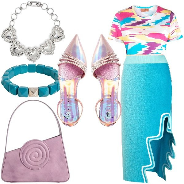 T-shirt women straight cut blue printed crew-neck short sleeves Missoni, Midi skirt women sky blue printed with belt nylon Ph5, Décolleté women light purple with pearls with heel pointy slingback polyester Giuseppe Zanotti, Handbag women light purple leather D'Estrëe, Necklace women silver gray brass Bimba y Lola, Bracelet women forest green brass Isabel Marant.