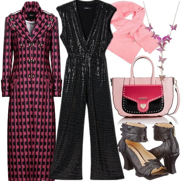 Women's pink beach gold Swarovski necklace, Love Moschino women's pink shoulder bag, Desigual women's jumpsuit with sequins with long sleeveless neckline, Black women's coat with long-sleeved rever neck designs with Babylon buttons, Women's pink scarf with Giada Benincasa designs, Women's sandals pink Laura Vita platform.