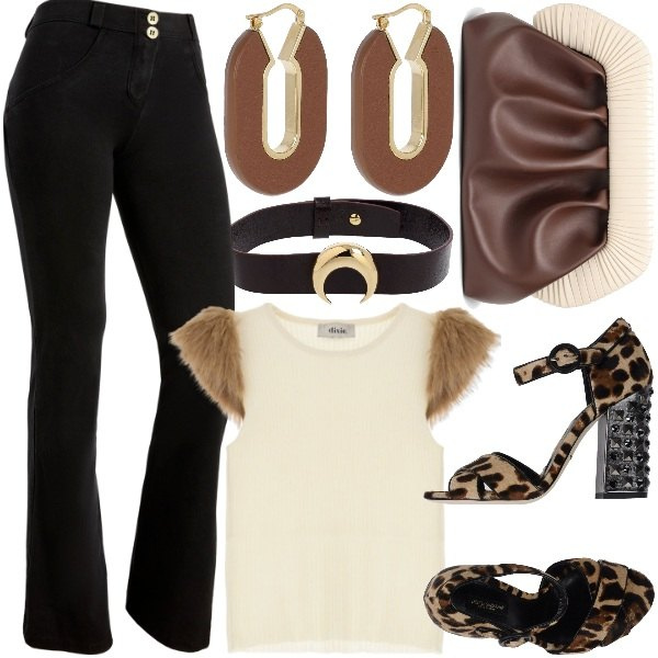 Women's ivory white crew-neck viscose tank top Dixie, Women's jeggings in black Freddy denim, Women's necklace in brown leather Marine Serre, Women's clutch in dark brown with metal ruffles THEMOIRè, Women's earrings in brown leather Jil Sander, Women's leather sandals in brown animal print with rhinestones with round toe square heel with Dolce & Gabbana leather buckle.