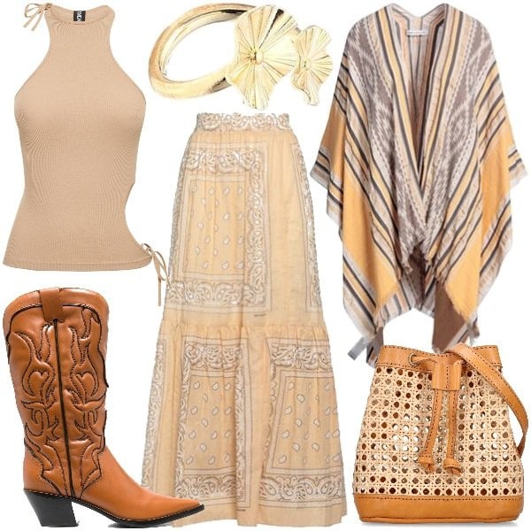 Coat women gray striped with décolleté sleeveless acrylic Simona Corsellini, Skirt women orange with ruffles maxi cotton Mia Bag, Knee-high boots women brown with a square heel pointy leather Reformation, Bucket bag women with drawstring Bembien, Ring women gold yellow metal Gala Rotelli, Tank top women light rose Andreadamo.