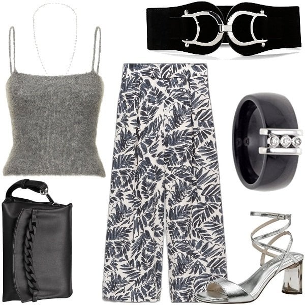 Bonprix women's black belt, Ceramic & You women's black ring, Musier Paris women's gray knitted top with straps, Tamaris women's silver gray heeled sandals, Mango women's navy blue linen print pants, Gabor women's mini black curvy handbag - casual chic .