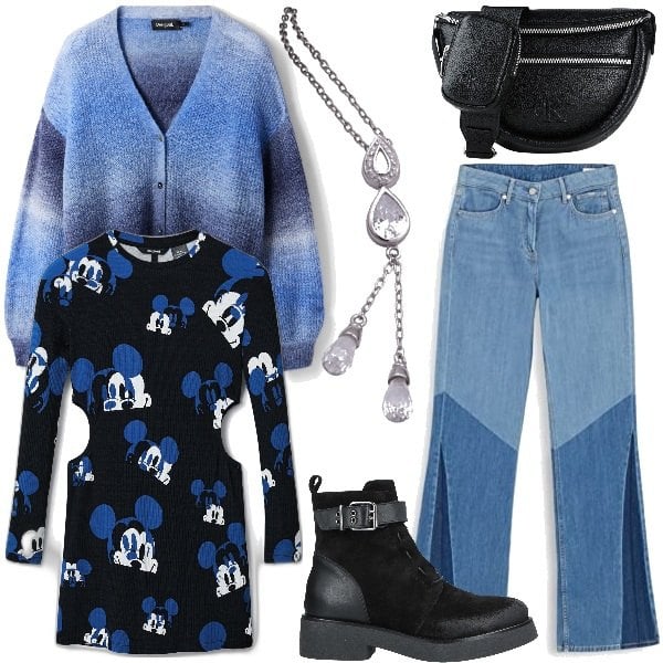 Women's sky blue jeans with washed effect denim Pepe Jeans, Women's black shoulder bag with Calvin Klein Jeans eco-leather zipper, Women's Orphelia silver white necklace, Women's cardigan with Desigual long-sleeved neckline, Desigual women's long dress with short long-sleeved designs, Women's black effect ankle boots suede round toe square heel with leather zipper Riccardo Cartillone - mickey.