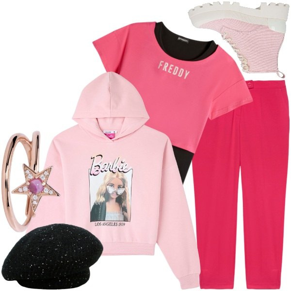 Women's Hat and Cap in Black with Dixie Acrylic Sequins, Women's Ring in Snow White in Silver Mabina Gioielli, Women's Hoodie in Pink with Terranova Hooded Collar Prints, Women's Straight Fit Pants in Orchid Pink with Zip Slit in polyester Fiorella Rubino, Women's ankle boots with laces in pink with square heel round toe with zip in leather Michael Michael Kors, Women's tank top in pink orchid animalier with cropped