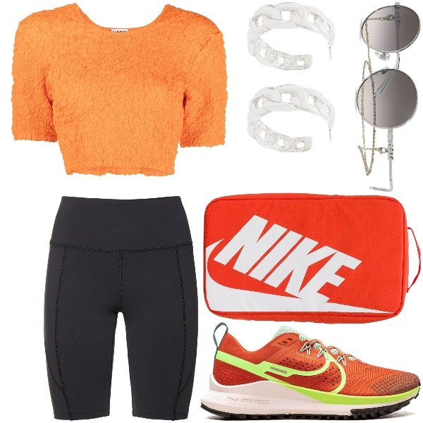 Sunglasses women silver gray with a round tip metal Vogue Eyewear, Earrings women silver gray brass Kenneth Jay Lane, Shorts women black high waist with belt Reebok Classics, Top women tangerine orange crew-neck cropped short sleeves Ganni, Sneakers women with strings orange with heel with a round tip Nike, Suitcase women orange printed polyester Nike.
