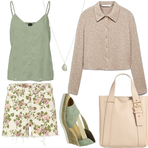 Rieker forest green women's sandals, Bonprix women's white floral shorts, Women's dark brown short knitted cardigan with long sleeves and Mango buttons, Gattinoni women's beige faux leather zipper handbag, Vero Moda women's tank top with thin straps, Gold yellow women's necklace with Boohoo beads - causal.