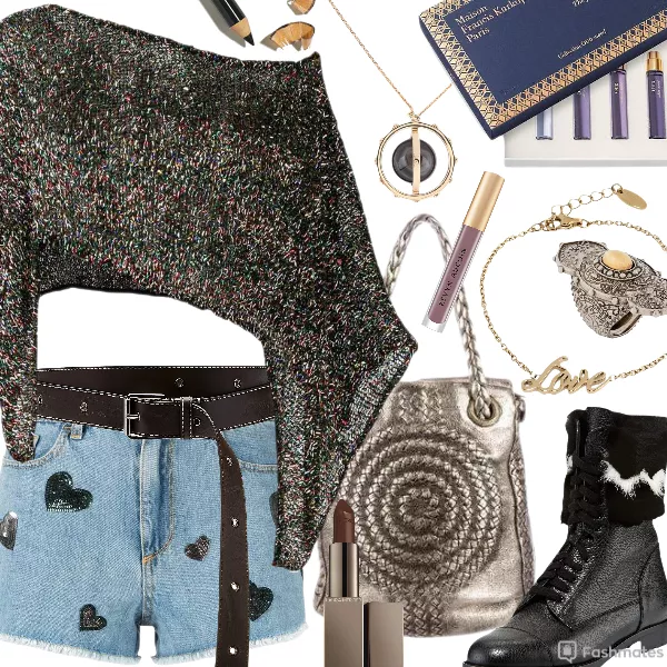 Alexander McQueen ring - Chiara Ferragni heart jean shorts - Manolo Blahnik fur boots black - Sonia Rykiel croptop -  Laura Mercier lipstick