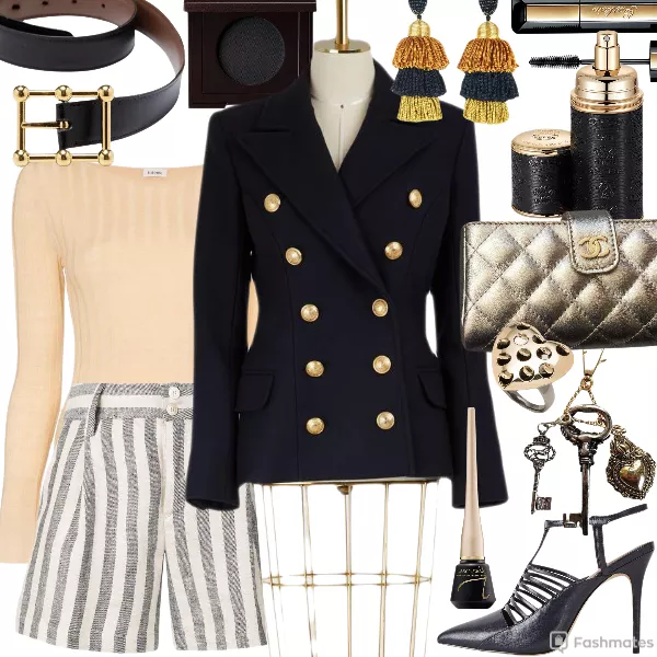 CREED Deluxe Leather & Gold fragrance - Oscar de la Renta dangling earrings - Alexis Bittar Alexis Bittar | Grater Heart keychAIN - Toteme Toury ribbed wool long sleeve - Twin-Set stripe mini shorts -  Jane Iredale Liquid Eyeliner - Gold Leather Belt hermes