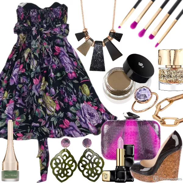 Irene Neuwirth Rose Cut Rose of ring - Betsey Johnson- Purple Floral dress - Smith & Cult Nailed Lacquer - Christian Louboutin Patent Leather wedges shoes heel