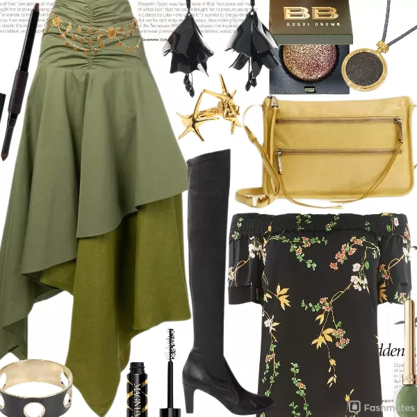 Loewe long asymmetric skirt - A_Plan_Application Boots -Hobo Mission Leather Crossbody bag purse - Guerlain Liquid Eyeliner - Oscar de la Renta ring - floral blouse top shirt