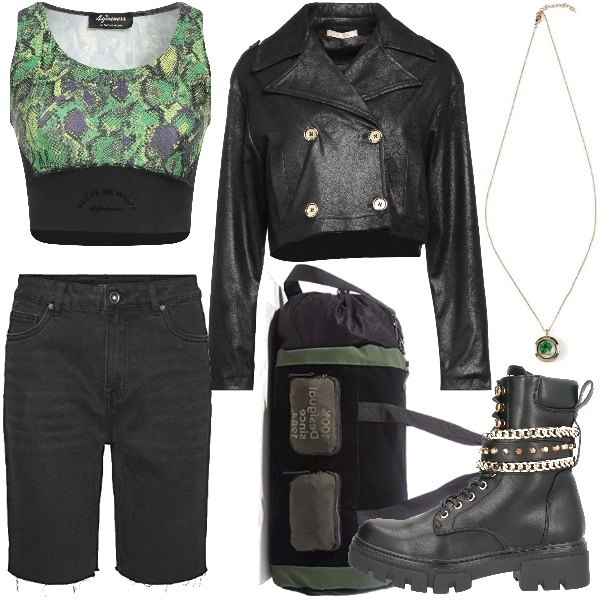 Women's gold yellow long metal necklace La Redoute Collections, Women's black long high-waist denim shorts Vero Moda, Women's black long-sleeved rever collar jacket with No-Nà polyester buttons, Desigual women's green shoulder bag, Women's green animalier curvy open neck top without sleeves polyester 4Giveness, Amphibians women black studded square heel round toe eco-leather Replay - Street Style.