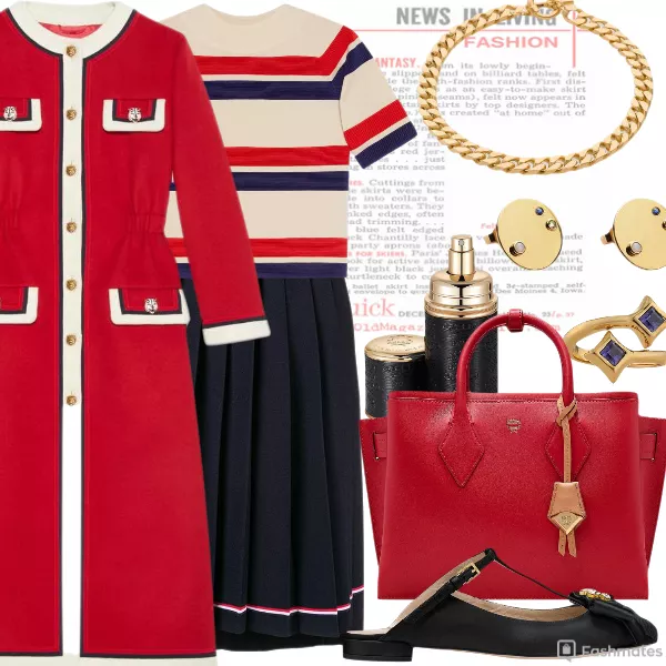 Wool coat , St. John Chunky Metal Chain , Thom Browne Tipping Stripe Long gucci top , Stuart Weitzman THE DUCKIE MULE , Trine Tuxen 3 Stone Pendant Earrings
