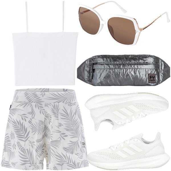 Women's sunglasses in white Bonprix, Women's shorts in white with shiny effect prints with drawstring Freddy, Women's bum bag in gray shiny effect with nylon zip Freddy, Women's bandeau top in white in polyester Terranova, Women's sneakers with Laces in white knitted without heel low round toe in Adidas plastic.