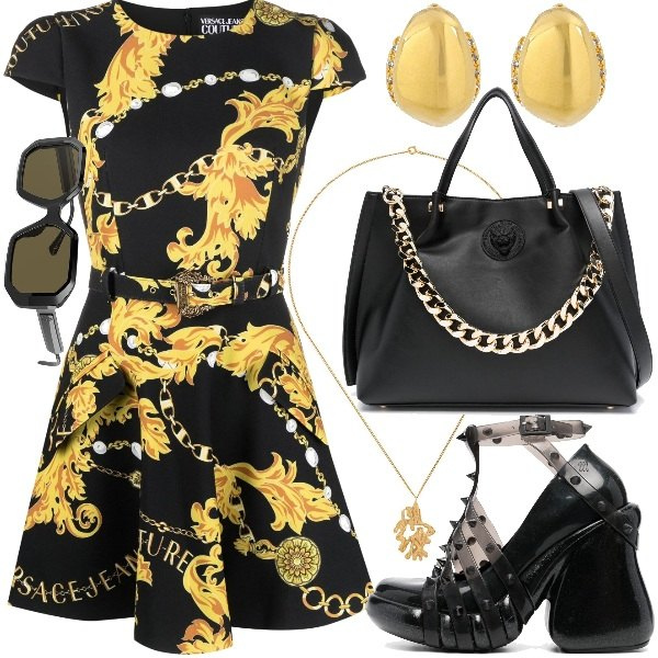 Sunglasses women black geometric acetate Tory Burch, Dress women black printed crew-neck short sleeves with belt polyester Versace Jeans Couture, Décolleté women black platform with a round tip with belt leather Jean Paul Gaultier, Backpack women black polyester Plein Sport, Earrings women gold yellow gold Zimmermann, Necklace women gold yellow gold Loveness Lee.