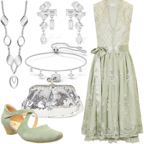Bonprix green women's dress, Weekend Max Mara women's silver gray clutch with metallic sequins, Think! women's curvy high heel shoes with strap, Swarovski silver gray women's brass pendant, Orphelia silver gray women's necklace, White women's bracelet with metal snow beads Swarovski - fancy in comfort heels.