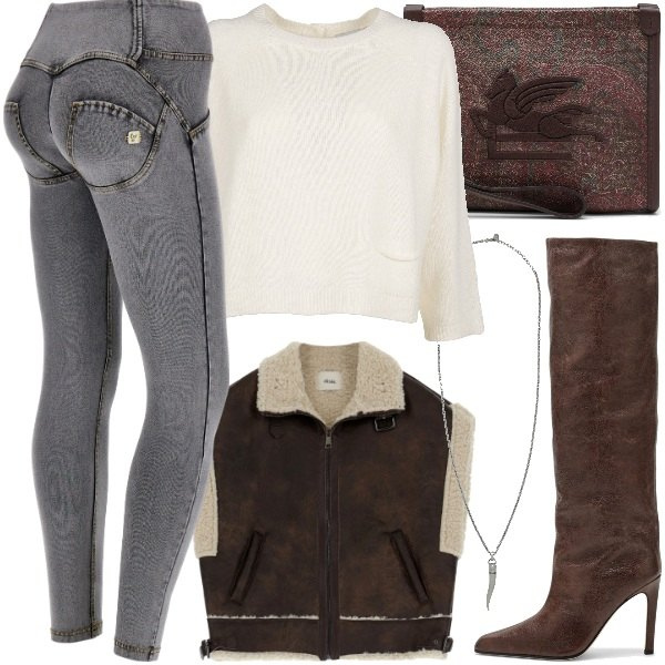 Women's Freddy Denim Shaping Gray Jeggings, Women's Paris Texas Leather Pointed Toe Dark Brown Boots, Women's Vicario Cinque Cashmere Button Up Long Sleeve Neckline Sweater in White, Women's Dark Brown Paisley Zip Up Clutch in Etro leather, Women's vest in dark brown with Dixie zip, Women's necklace in silver gray metal Dsquared2.