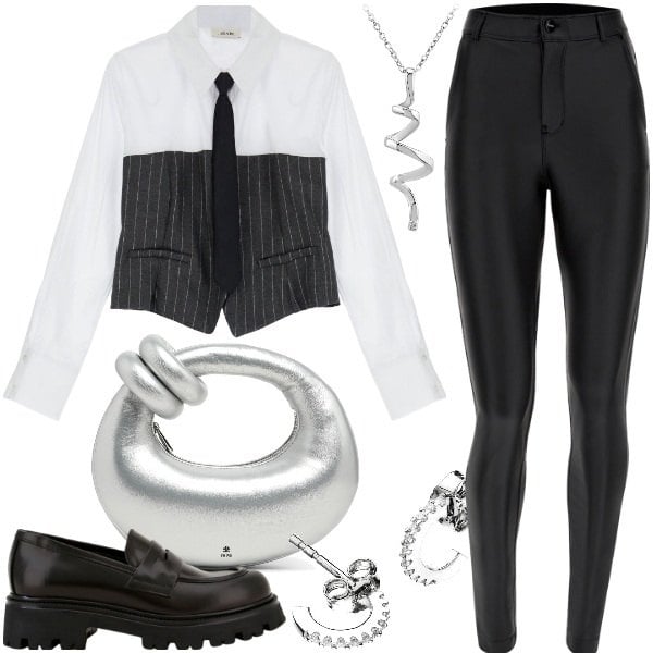 Women's skinny trousers in black five pockets with high waist Freddy, Women's loafers in black Dixie, Women's striped shirt with classic collar in viscose Dixie, Women's handbag in silver gray with zip in faux leather Jw Pei, Women's pendant in silver gray So Charm, women's earrings in white silver Chiara Ferragni.