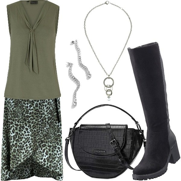 Bonprix women's black thigh-high boots with zipper heel, Marco Tozzi women's black handbag, Bonprix women's long green top, Boohoo animal green women's knee-length skirt, Mango women's long pink orchid earrings, Morellato women's blue shiny effect necklace.