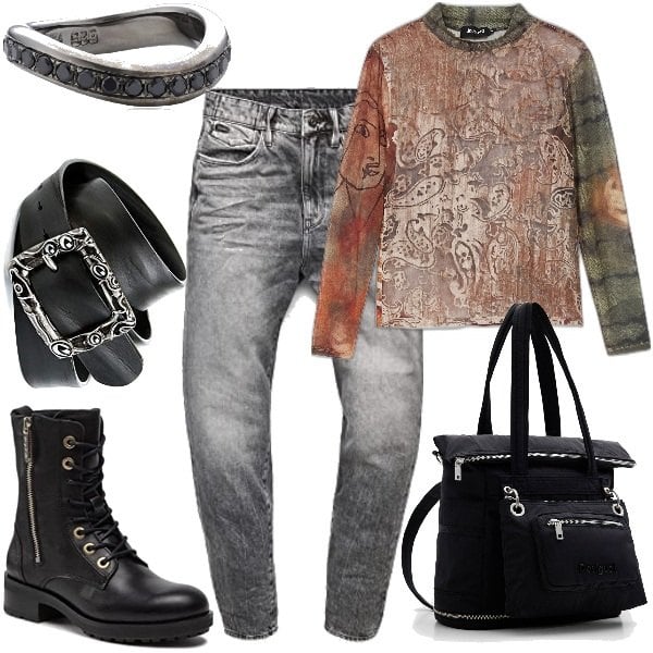 Heartbreaker silver women's ring, Women's gray washed effect mom jeans with G-Star Raw denim tape, Tommy Hilfiger women's black boots, Anthoni Crown women's black belt, Desigual women's fitted T-shirt with long-sleeved designs, Desigual women's mini-long backpack with nylon zipper.