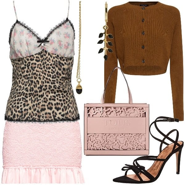 Isabel Marant women's gold yellow brass earrings, Tous pink women's handbag, Blugirl Blumarine women's beige polyester top, Ted Baker women's pink heeled sandals, Soeur women's brown cardigan with buttons, Pink women's mini skirt with short ruffles Alexander Wang.