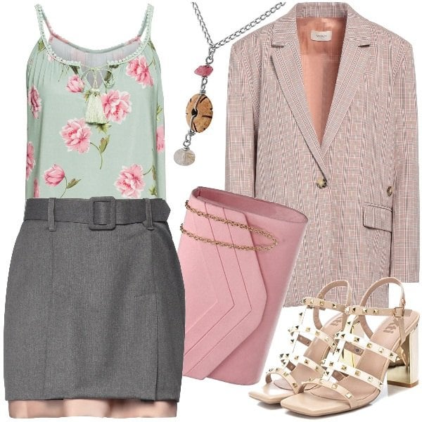 Bonprix women's blue printed top with long straps, Orphelia women's gray silver shiny effect necklace, SwankySwans women's pink curvy suede effect clutch bag with strap, Women's brown plaid jacket with lapel collar Vicolo long-sleeved viscose suit, Kaos women's short gray viscose mini skirt , Women's beige heeled sandals with Xti heel.