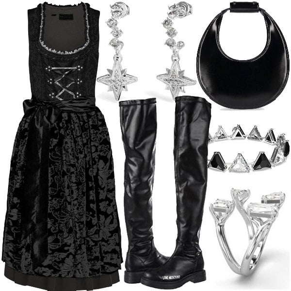 Swarovski women's long black metal bracelet, Love Moschino women's black boots, Bonprix women's long black dress with long lace, Staud women's mini black suede effect handbag with zipper, Swarovski whole white metal women's ring, Guess women's metal earrings.