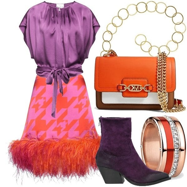Women's gold yellow necklace Bijoux pour tous, Women's red ring with Bering gold ruffles, Women's orange Michael Kors snap-on shoulder bag, Women's light violet pied de poule short mini skirt with silk zipper Verguenza, Women's amethyst purple suede effect pointed heel cowboy boots Just Juice , Curvy amethyst purple women's top with bow short sleeve silk Forte_Forte.