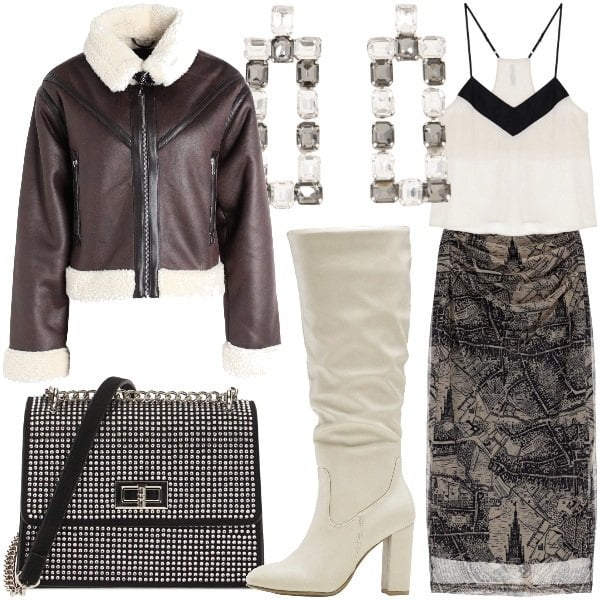 Women's tank top with shoulder straps in Imperial polyester, Women's midi skirt in beige with high waist in Imperial polyester, Women's shoulder bag in silver gray with pearls Primadonna Collection, Women's over the knee boots in beige Bonprix, Women's earrings with rhinestones in Dixie polyester, Women's jacket in black single-breasted high collar with long sleeves with zip Only.