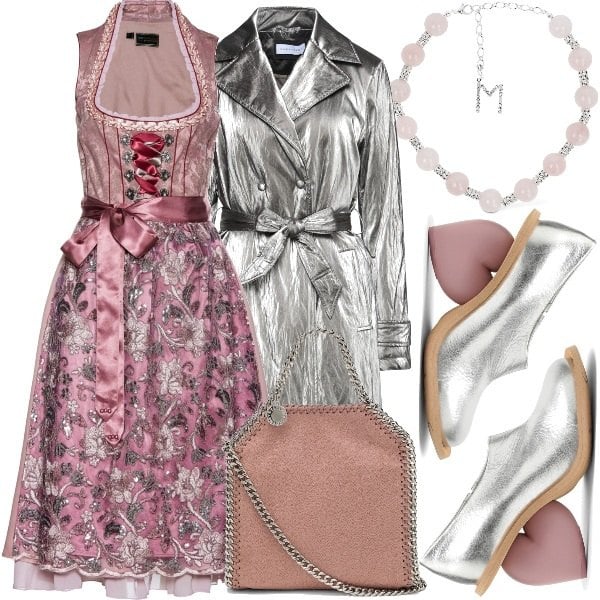 Women's Caractère Laminate Effect Dark Gray Coat, Bonprix Women's Pink Dress, Yume Yume Women's Vegan Leather Heeled Silver Gray Mini Boots, Women's Magda Butrym Brass Pink Necklace, Women's Burgundy Snap Tote Bag in Stella McCartney leather.