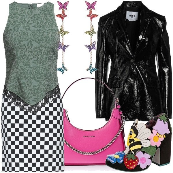 Women's black check longuette skirt with zipper Boutique Moschino, Women's gold Swarovski beach earrings, Women's black Irregular Choice heeled shoes, Michael Kors women's clutch, Women's green flower top with pearls sleeveless with Ganni polyester zipper, Women's black effect jacket shiny rever neck long sleeve faux leather set Msgm.