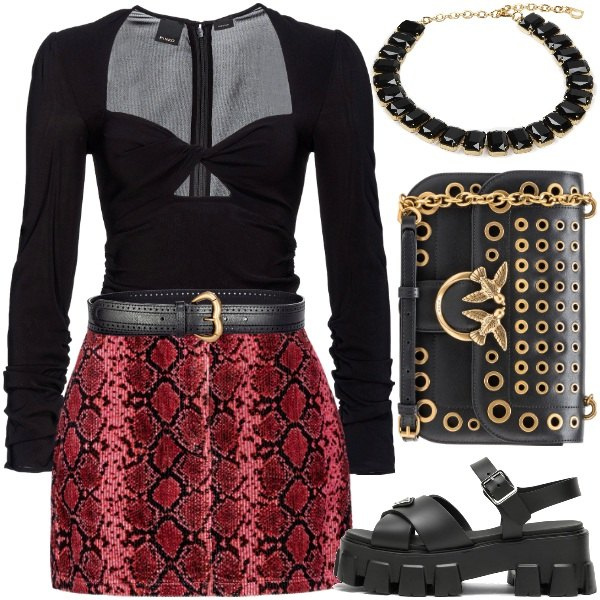 Women's shoulder bag in pitch black knitted with nylon zip Pinko, Women's necklace in black with pearls Douuod, Women's top in pitch black with long sleeve neckline with viscose zip Pinko, Women's mini skirt in pitch black with short prints with metal zip Pinko, Women's sandals in dark brown with round toe with metal buckle Prada, Women's belt in pitch black with metal buckle Pinko.
