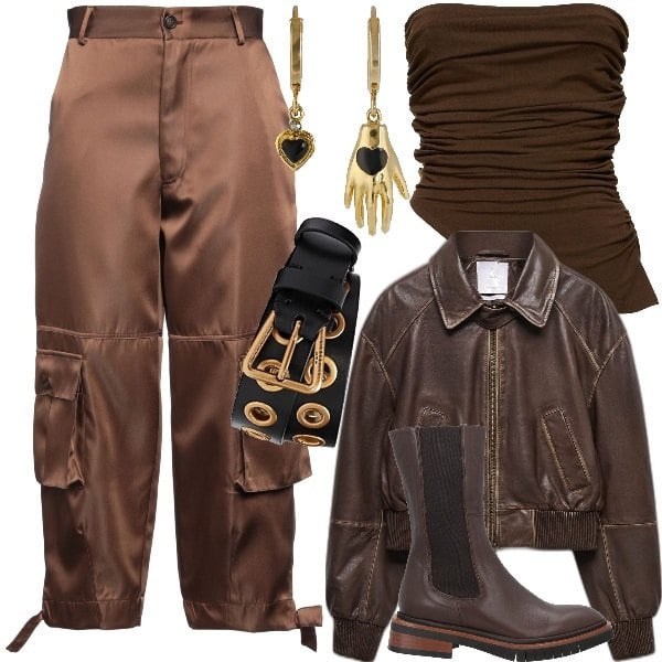 Posse women's straight cut brown viscose top, Mango women's short dark brown long-sleeved bomber jacket with sheepskin zipper, Ottod'ame women's brown high-waisted cargo pants with polyester zipper, Zinda women's square-toe square-heel boots, Women's dark black belt Liebeskind Berlin, Isabel Marant women's golden yellow brass earrings - brown.