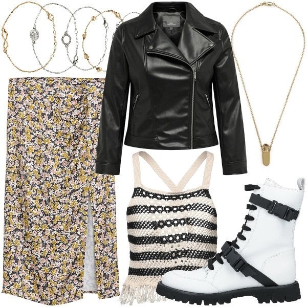 Bonprix women's bracelet, Women's gold yellow long metal pendant La Redoute Collections, Women's white striped knitted top with acrylic sleeveless neckline Vicolo, Women's short black jacket with zipper Only Carmakoma, Women's short floral long skirt with polyester zipper La Redoute Collections, Amphibians women's white square heel with round toe with ADD x BALDININI leather buckle.