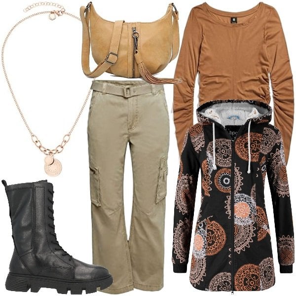 Bonprix women's black printed parka with long hooded collar, Esprit women's olive green cargo pants with cotton belt, G-Star Raw women's dark brown top with ruffles, Geox women's black round toe platform ankle boots with faux leather laces, Fritzi yellow women's necklace aus Preussen, Liebeskind Berlin stainless steel women's necklace.