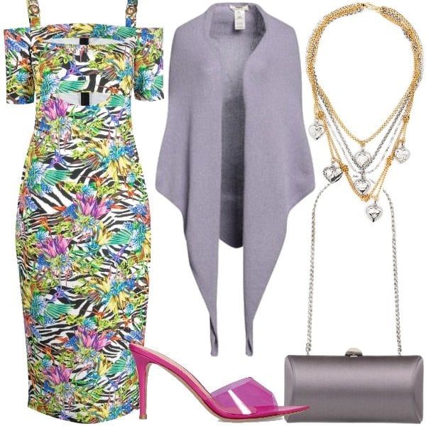 Dress women black printed with décolleté short sleeves polyester Just Cavalli, Coat women light purple knitted v-neck sleeveless cashmere Sminfinity, Clogs women orchid rose with heel pointy Gianvito Rossi, Handbag women dark gray laminated effect Rodo, Necklace women gold yellow brass Bimba y Lola.
