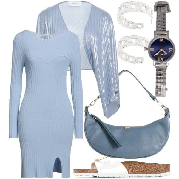 Short dress women sky blue knitted crew-neck short long sleeves viscose Kontatto, Earrings women silver gray brass Kenneth Jay Lane, Bolero women sky blue with décolleté polyester Beatrice .B, Sandals women white open toe slip on Birkenstock, Handbag women blue Tsd12, Watch women silver gray stainless steel Morellato.