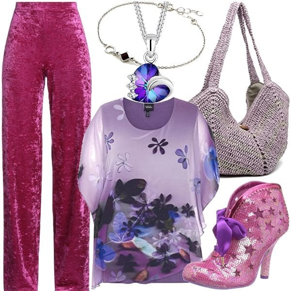 Women's amethyst purple silver necklace Elli, Women's violet silver bracelet Bijoux pour tous, Women's light violet boots Irregular Choice, Women's violet floral blouse Ulla Popken, Women's amethyst purple Abbacino beach tote bag, Women's regular fit amethyst purple pants with adjustable laces Matineé.