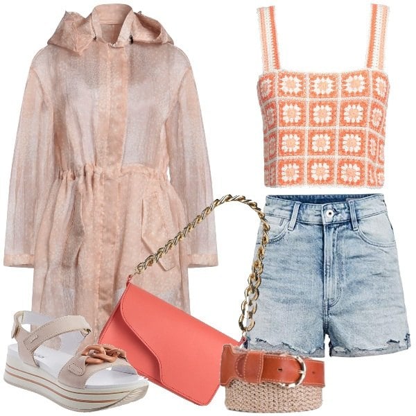 Women's sky blue long washed effect shorts with G-Star Raw ribbon, Atp Atelier women's red snap-on handbag, Women's orange top with open neck sleeveless cotton Maje designs, Women's pink floral trench with long-sleeved hooded collar with zipper Emporio Armani, Igi&Co women's wedge sandals, Des Petits Hauts long women's belt with polyester ribbon.