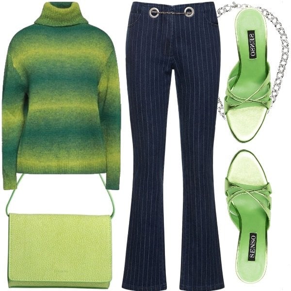 Top women green knitted turtleneck long sleeves acrylic Ebarrito, Pants women blue with zipper denim Miaou, Sandals with a heel women light green laminated effect with a high heel open toe slip on Senso, Handbag women light green leather Euterpe, Pendant women silver gray with pearls brass Kenneth Jay Lane.