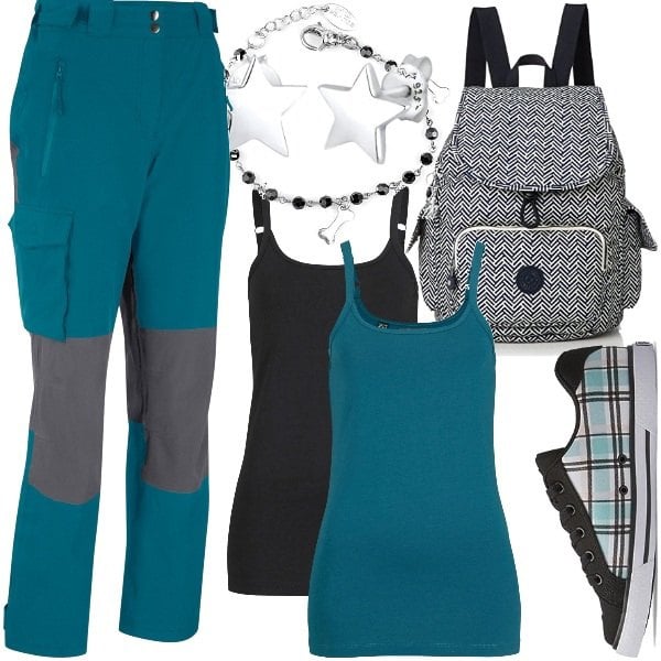 Bonprix women's forest green long nickel pants, Bonprix women's forest green top with long nickel straps, DC Shoes women's curvy suede effect boots sneakers, Kipling women's polyester backpack, Lotus gray women's bracelet, Curvy silver shiny effect women's silver earrings Ellie.