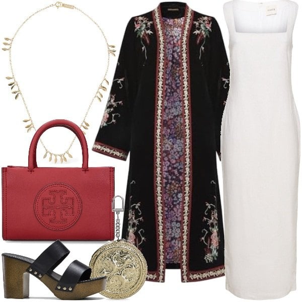 Bonprix black women's slippers, Isabel Marant golden yellow shiny brass effect women's necklace, Tory Burch golden yellow women's laminated effect clutch with metal zipper, Posse women's white mid-length/midi dress with linen zipper, long dark black women's kimono with 3 sleeves /4 Joe Browns velvet, Tory Burch mini women's handbag.