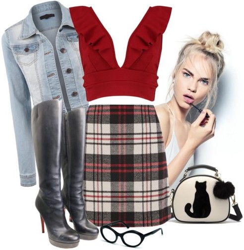 tartan mini kilt womens - Boohoo Fiona Plunge Ruffle Crop Top - Crossbody Cat Ball Bag - Cat & Fur Ball Crossbody Handbag - jean jacket - Christian Louboutin "Botalili" 120mm Black Leather Long Boots